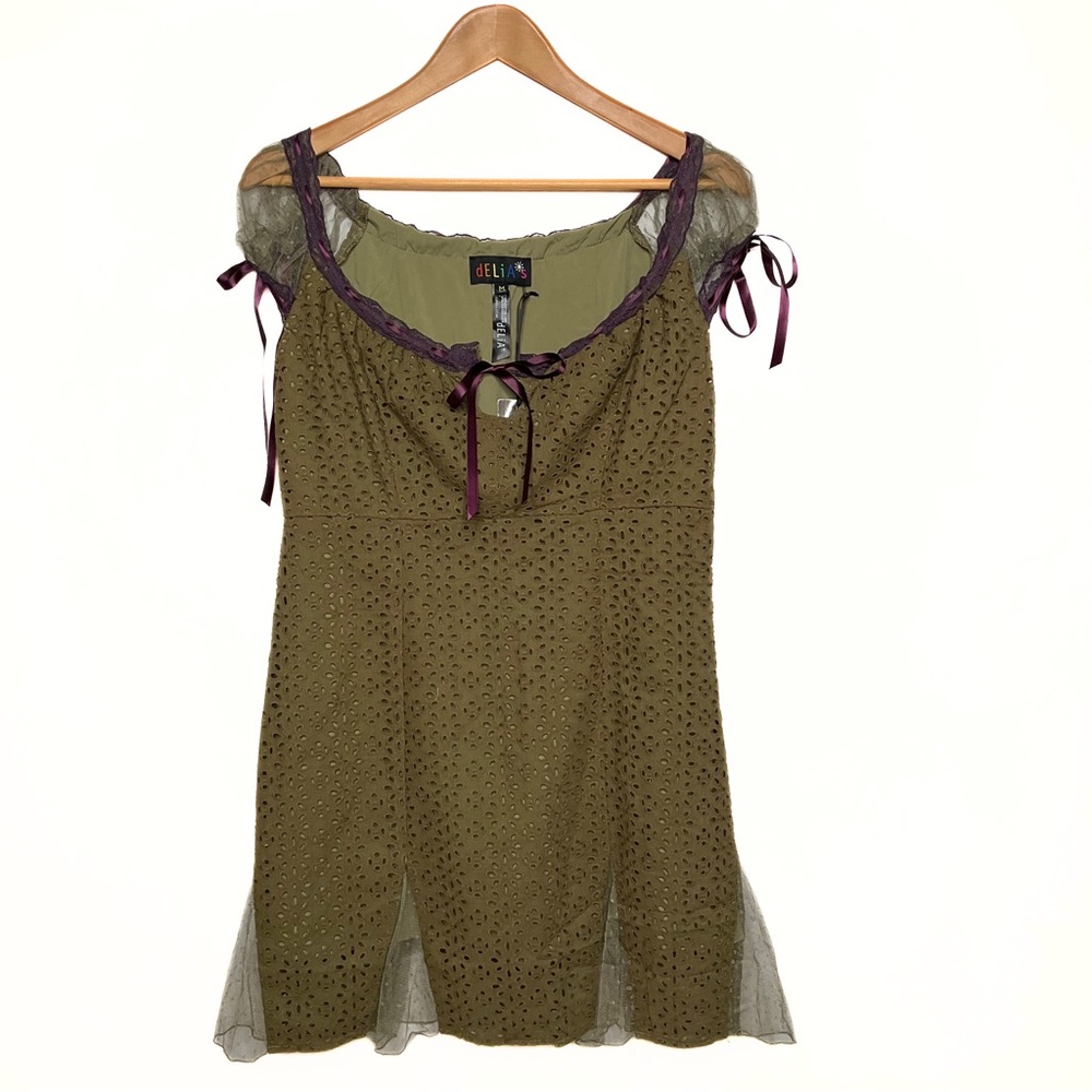 Delia’s Summer Dreams Mini Eyelet Dress Womens SZ M Forever Forest Green Fairy - Picture 5 of 7